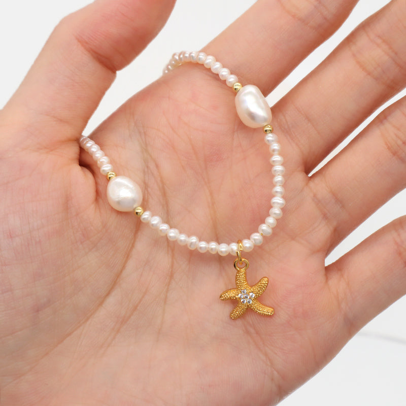 Custom Handmade Women OEM Gold Plated 925 Sterling Silver Lobster Button Natural Freshwater Pearl Seastar Shell Pendant Necklace