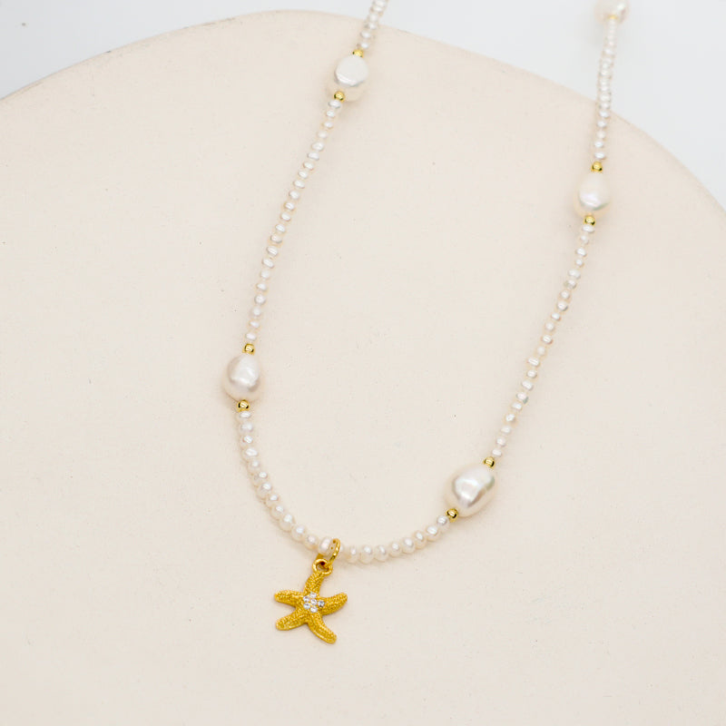 Custom Handmade Women OEM Gold Plated 925 Sterling Silver Lobster Button Natural Freshwater Pearl Seastar Shell Pendant Necklace
