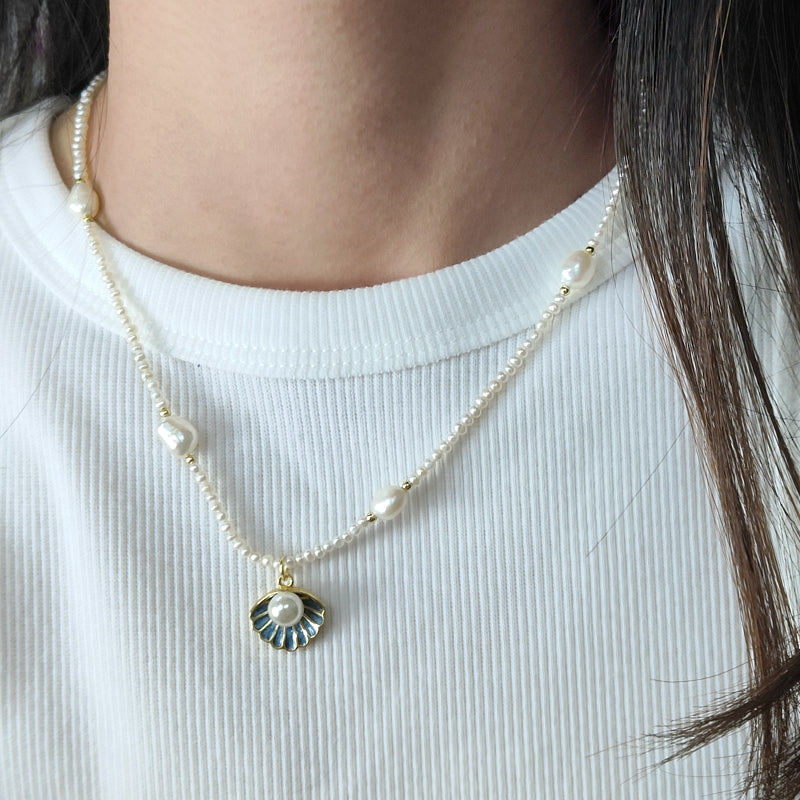 Custom Handmade Women OEM Gold Plated 925 Sterling Silver Lobster Button Natural Freshwater Pearl Seastar Shell Pendant Necklace