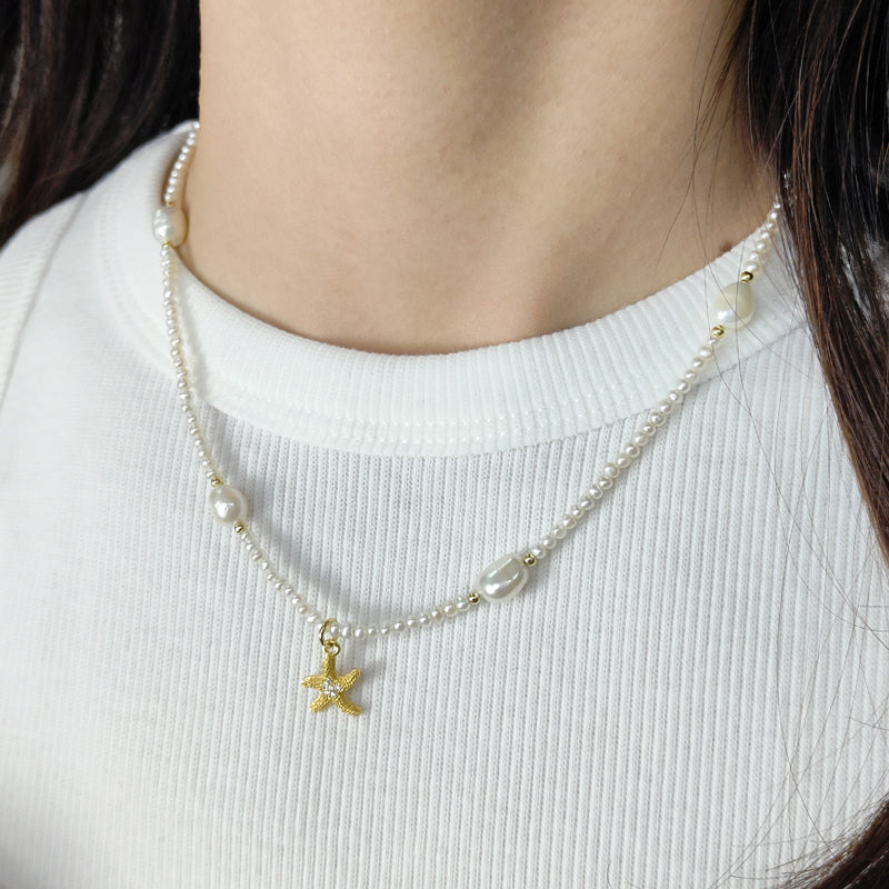 Custom Handmade Women OEM Gold Plated 925 Sterling Silver Lobster Button Natural Freshwater Pearl Seastar Shell Pendant Necklace