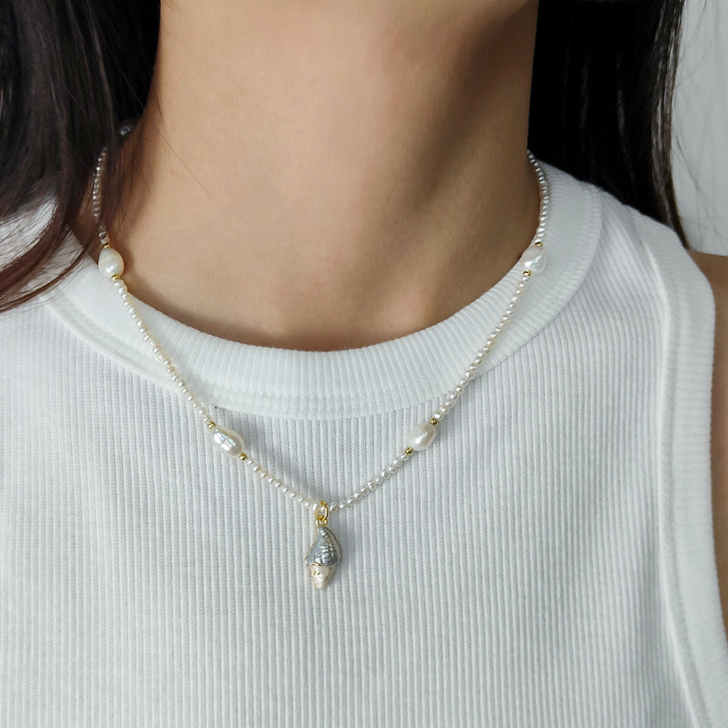 Custom Handmade Women OEM Gold Plated 925 Sterling Silver Lobster Button Natural Freshwater Pearl Seastar Shell Pendant Necklace