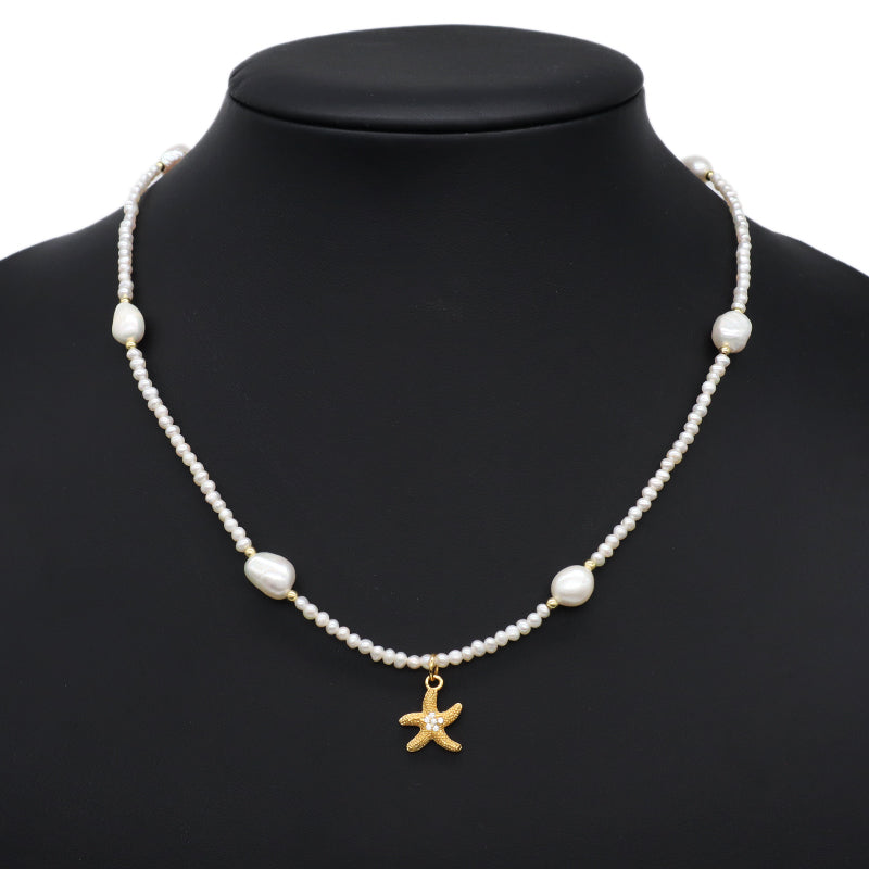 Custom Handmade Women OEM Gold Plated 925 Sterling Silver Lobster Button Natural Freshwater Pearl Seastar Shell Pendant Necklace