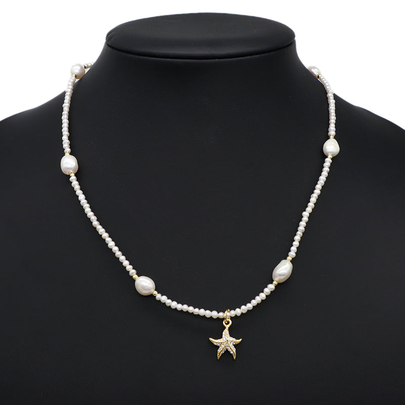 Custom Handmade Women OEM Gold Plated 925 Sterling Silver Lobster Button Natural Freshwater Pearl Seastar Shell Pendant Necklace