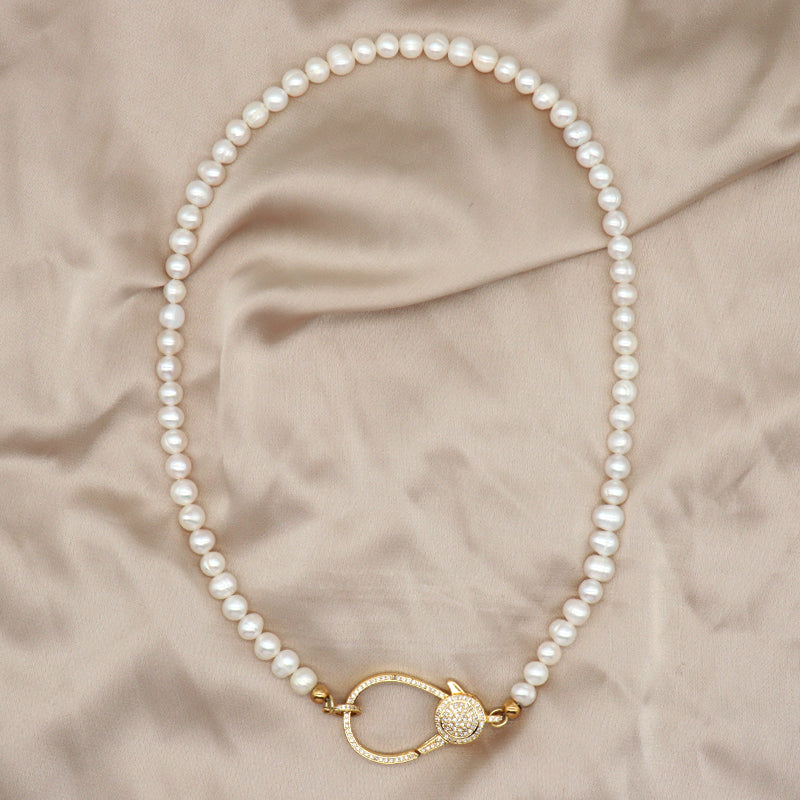 Fashionable Manufacture Factory Handmade Wholesale Custom Gold Plated CZ Brass Clasp Natural Freshwater Pearl Necklace For Women