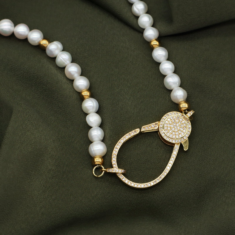 Fashionable Manufacture Factory Handmade Wholesale Custom Gold Plated CZ Brass Clasp Natural Freshwater Pearl Necklace For Women