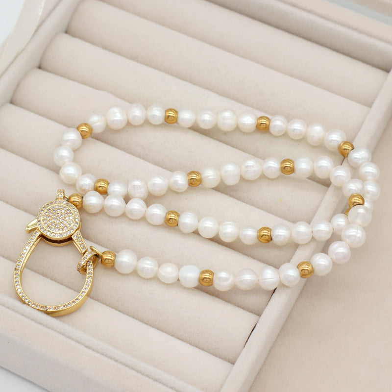Fashionable Manufacture Factory Handmade Wholesale Custom Gold Plated CZ Brass Clasp Natural Freshwater Pearl Necklace For Women