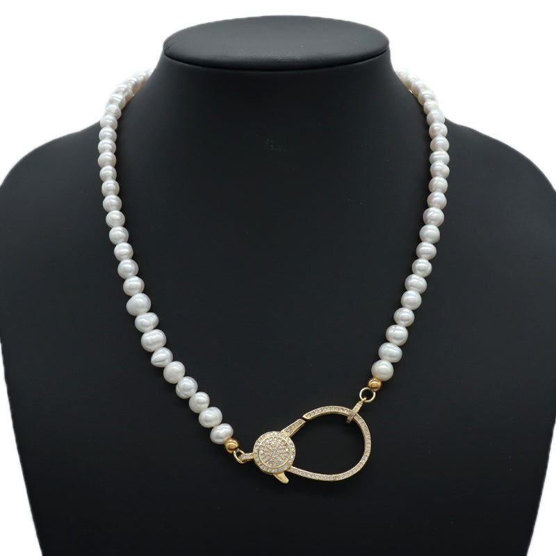 Fashionable Manufacture Factory Handmade Wholesale Custom Gold Plated CZ Brass Clasp Natural Freshwater Pearl Necklace For Women
