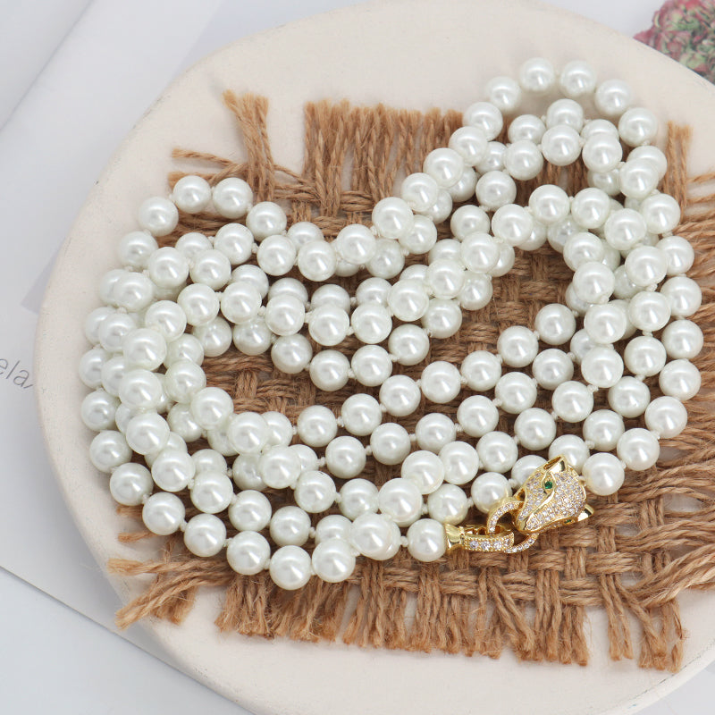 Custom China Factory Fashion OEM Handmade Wholesale Gold Plated CZ Brass Leopard Clasp 8mm Beaded Pearl Necklace For Women Gift