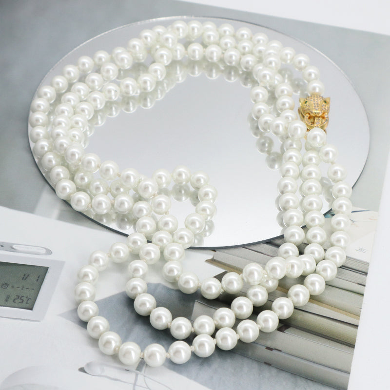 Custom China Factory Fashion OEM Handmade Wholesale Gold Plated CZ Brass Leopard Clasp 8mm Beaded Pearl Necklace For Women Gift