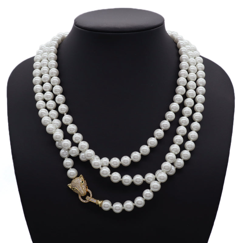 Custom China Factory Fashion OEM Handmade Wholesale Gold Plated CZ Brass Leopard Clasp 8mm Beaded Pearl Necklace For Women Gift