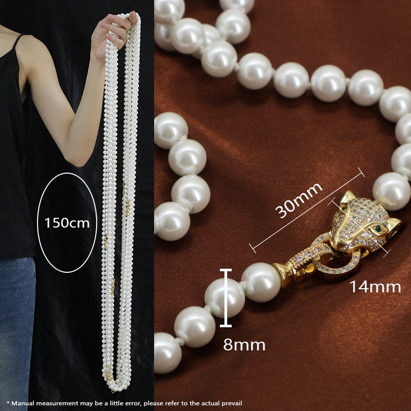 Custom China Factory Fashion OEM Handmade Wholesale Gold Plated CZ Brass Leopard Clasp 8mm Beaded Pearl Necklace For Women Gift