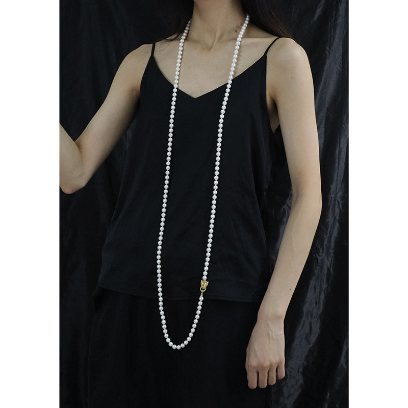 Custom China Factory Fashion OEM Handmade Wholesale Gold Plated CZ Brass Leopard Clasp 8mm Beaded Pearl Necklace For Women Gift