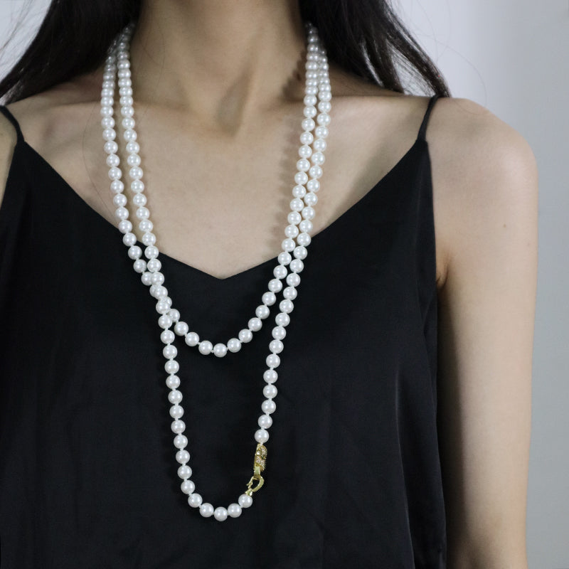 Custom China Factory Fashion OEM Handmade Wholesale Gold Plated CZ Brass Leopard Clasp 8mm Beaded Pearl Necklace For Women Gift