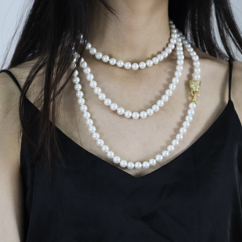 Custom China Factory Fashion OEM Handmade Wholesale Gold Plated CZ Brass Leopard Clasp 8mm Beaded Pearl Necklace For Women Gift