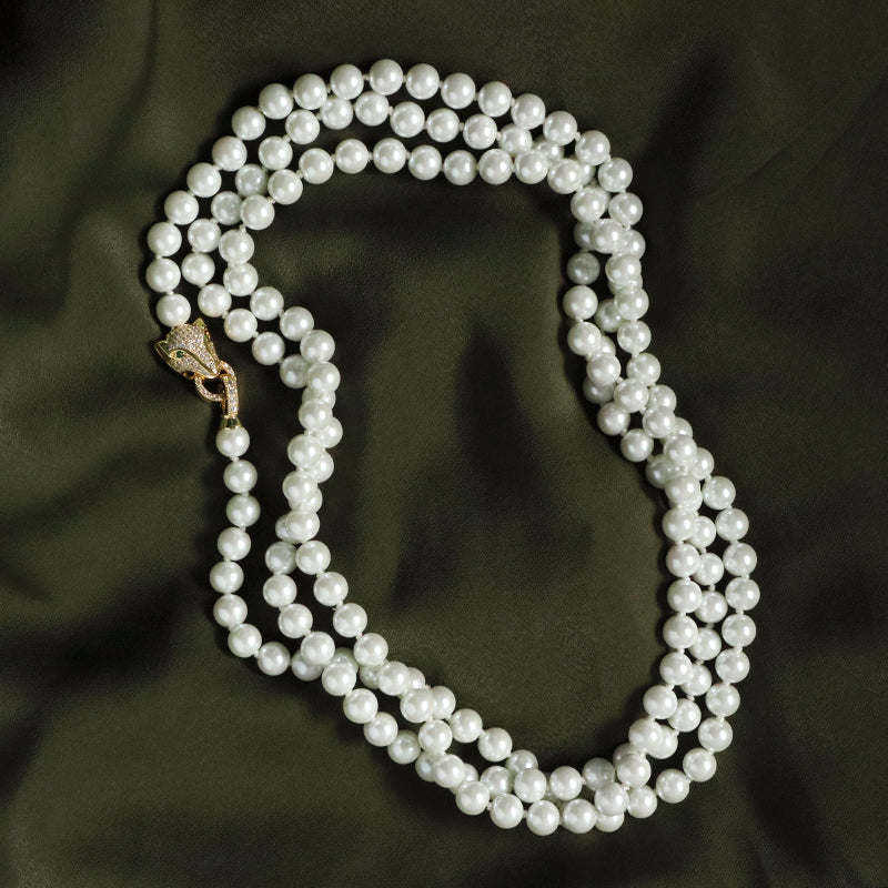 Custom China Factory Fashion OEM Handmade Wholesale Gold Plated CZ Brass Leopard Clasp 8mm Beaded Pearl Necklace For Women Gift