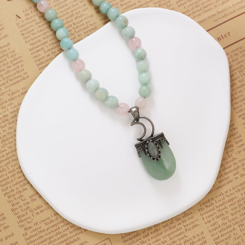 OEM Handmade Wholesale Customized Ajustable Woven Cord 8mm Natural Stone Beads Moon Pendant Macrame Necklace For Men Women