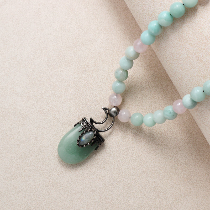 OEM Handmade Wholesale Customized Ajustable Woven Cord 8mm Natural Stone Beads Moon Pendant Macrame Necklace For Men Women