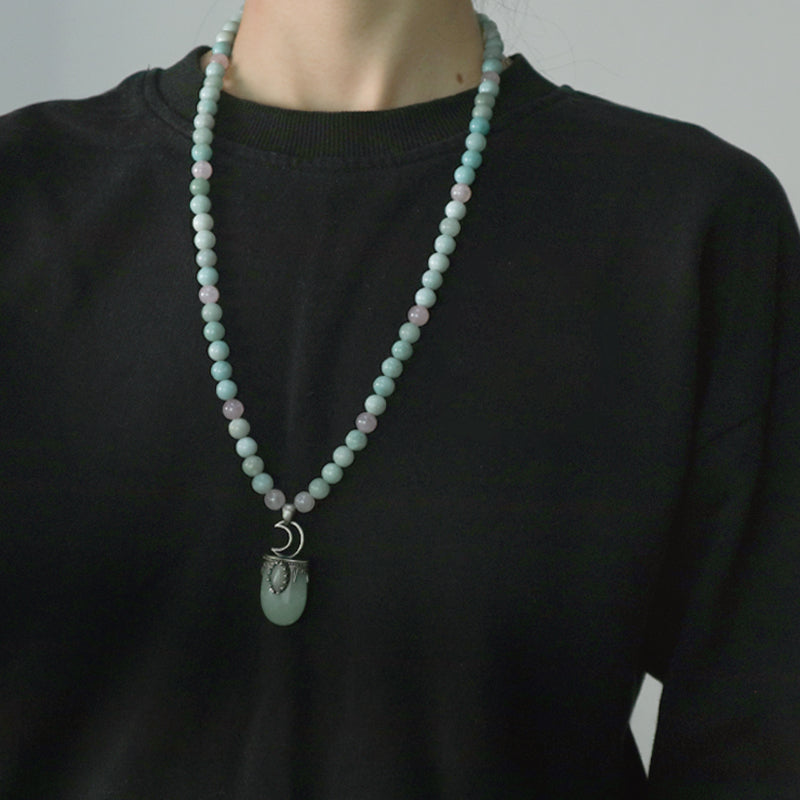 OEM Handmade Wholesale Customized Ajustable Woven Cord 8mm Natural Stone Beads Moon Pendant Macrame Necklace For Men Women