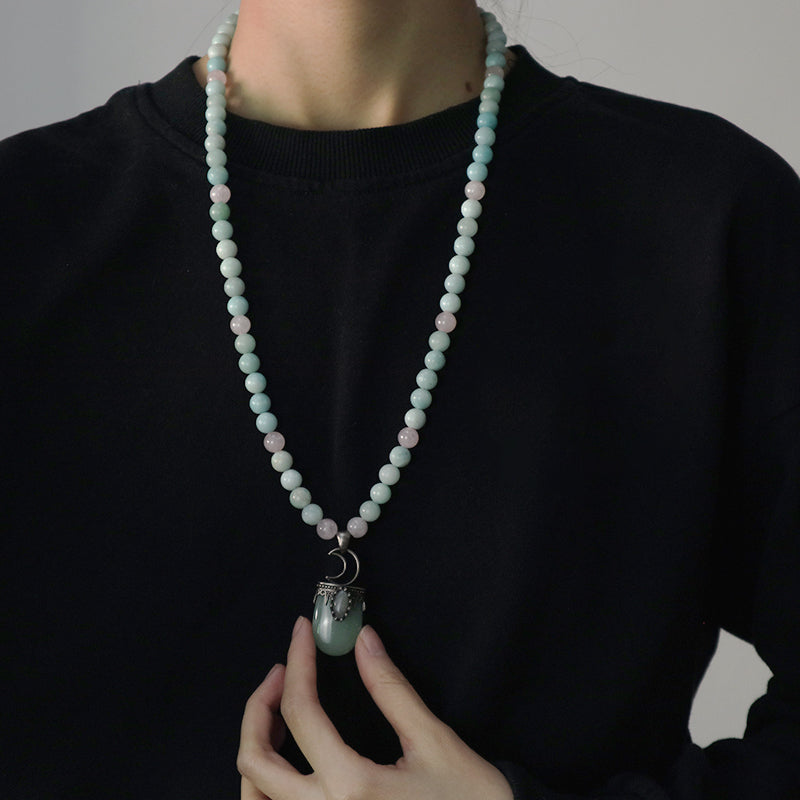 OEM Handmade Wholesale Customized Ajustable Woven Cord 8mm Natural Stone Beads Moon Pendant Macrame Necklace For Men Women