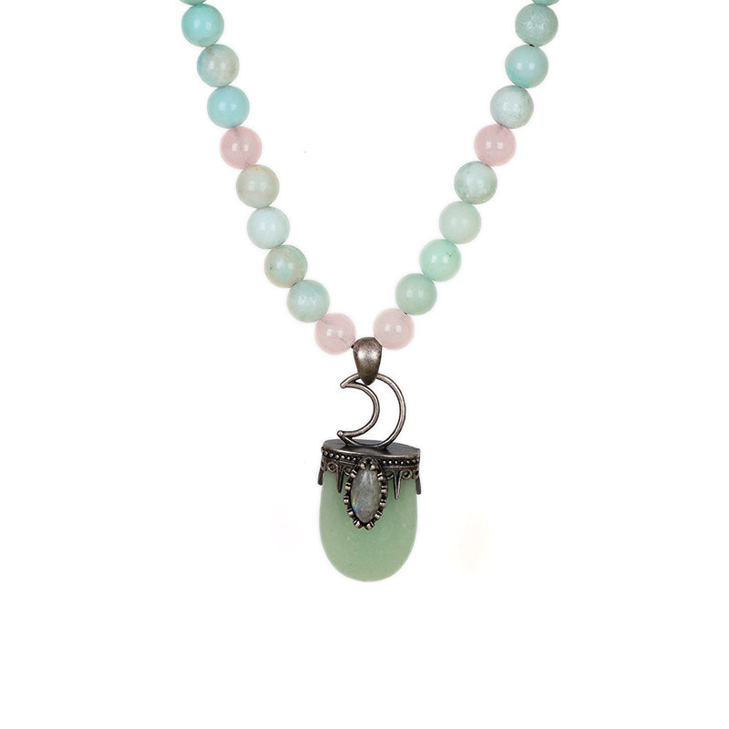 OEM Handmade Wholesale Customized Ajustable Woven Cord 8mm Natural Stone Beads Moon Pendant Macrame Necklace For Men Women