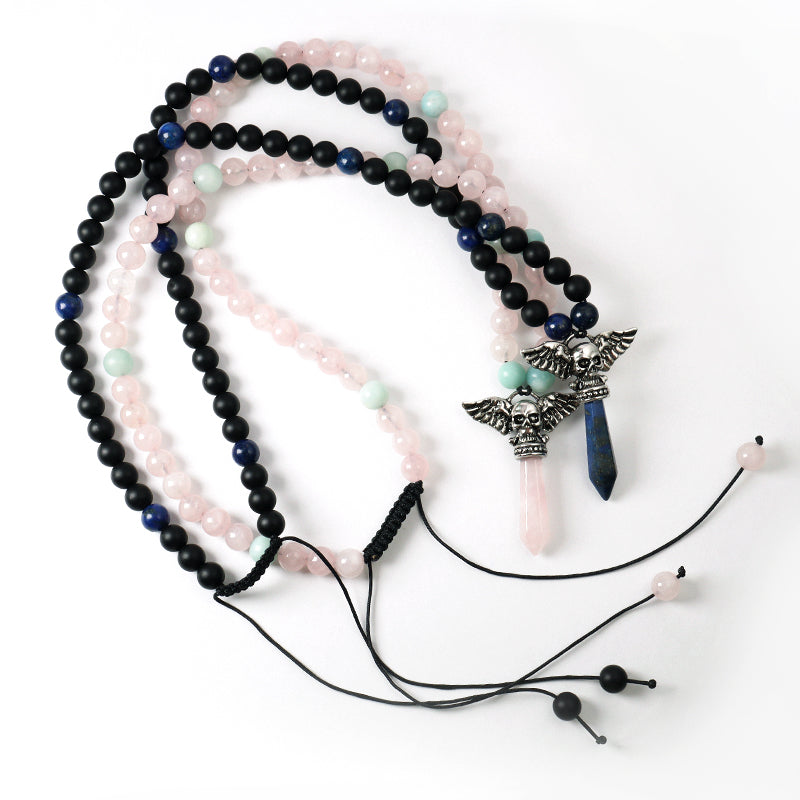 OEM Factory Handmade Wholesale Customized Men Women Ajustable Woven Cord Macrame 8mm Natural Stone Beads Skull Pendant Necklace
