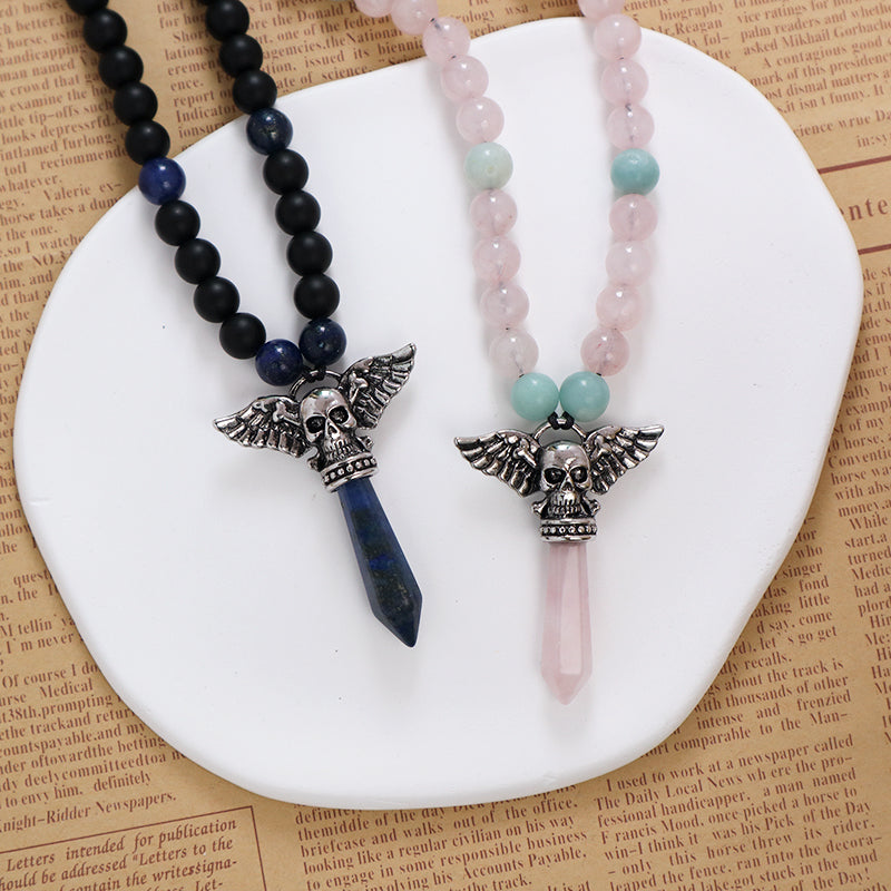 OEM Factory Handmade Wholesale Customized Men Women Ajustable Woven Cord Macrame 8mm Natural Stone Beads Skull Pendant Necklace