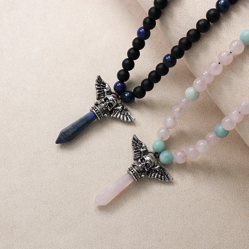 OEM Factory Handmade Wholesale Customized Men Women Ajustable Woven Cord Macrame 8mm Natural Stone Beads Skull Pendant Necklace
