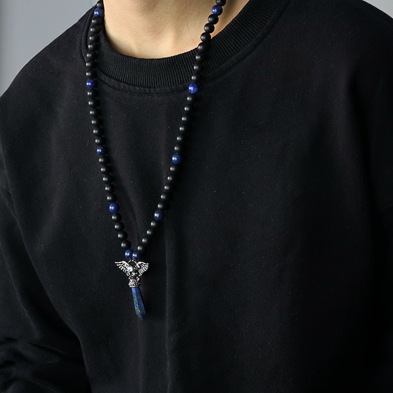 OEM Factory Handmade Wholesale Customized Men Women Ajustable Woven Cord Macrame 8mm Natural Stone Beads Skull Pendant Necklace