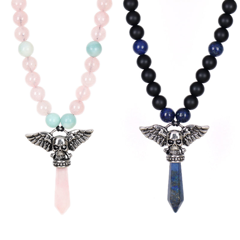 OEM Factory Handmade Wholesale Customized Men Women Ajustable Woven Cord Macrame 8mm Natural Stone Beads Skull Pendant Necklace