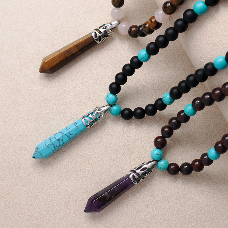 Wholesale Ajustable Woven Cord 8mm Natural Stone Beads OEM Handmade Customized Hexagon Pendant Macrame Necklace For Men Women