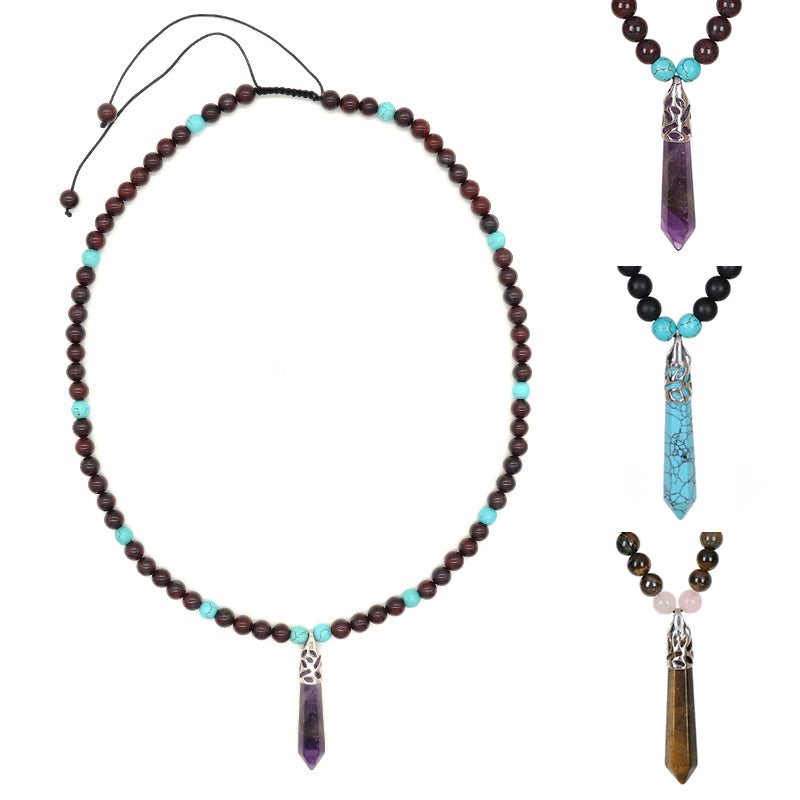 Wholesale Ajustable Woven Cord 8mm Natural Stone Beads OEM Handmade Customized Hexagon Pendant Macrame Necklace For Men Women