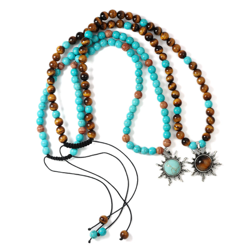 China Factory Custom OEM Handmade Wholesale Men Women Ajustable Woven Cord 8mm Natural Stone Beads Macrame Sun Pendant Necklace