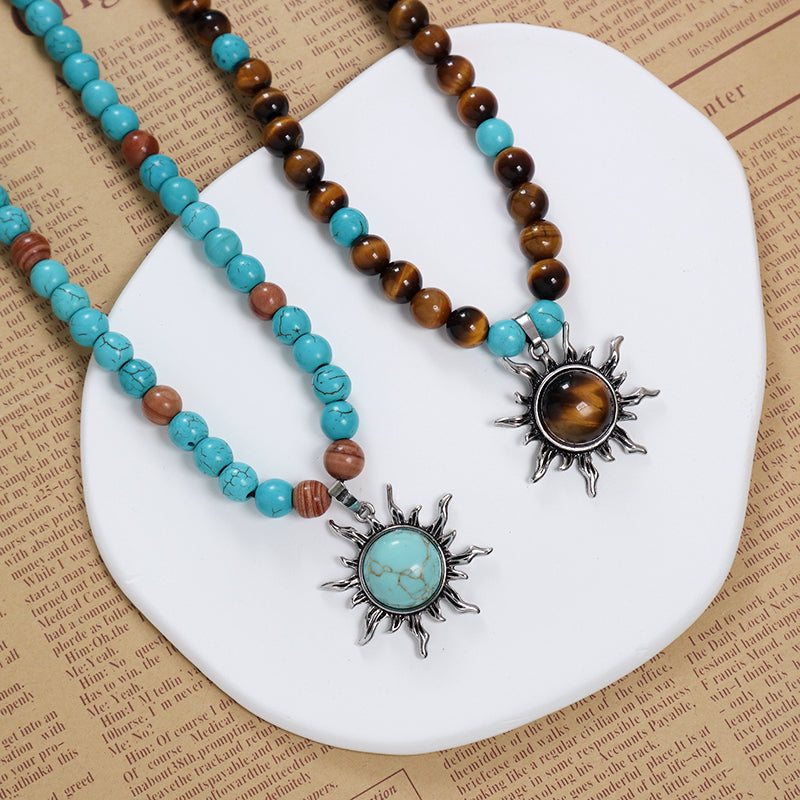 China Factory Custom OEM Handmade Wholesale Men Women Ajustable Woven Cord 8mm Natural Stone Beads Macrame Sun Pendant Necklace