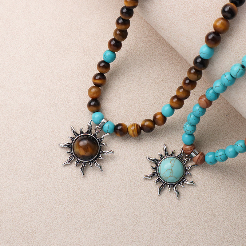 China Factory Custom OEM Handmade Wholesale Men Women Ajustable Woven Cord 8mm Natural Stone Beads Macrame Sun Pendant Necklace