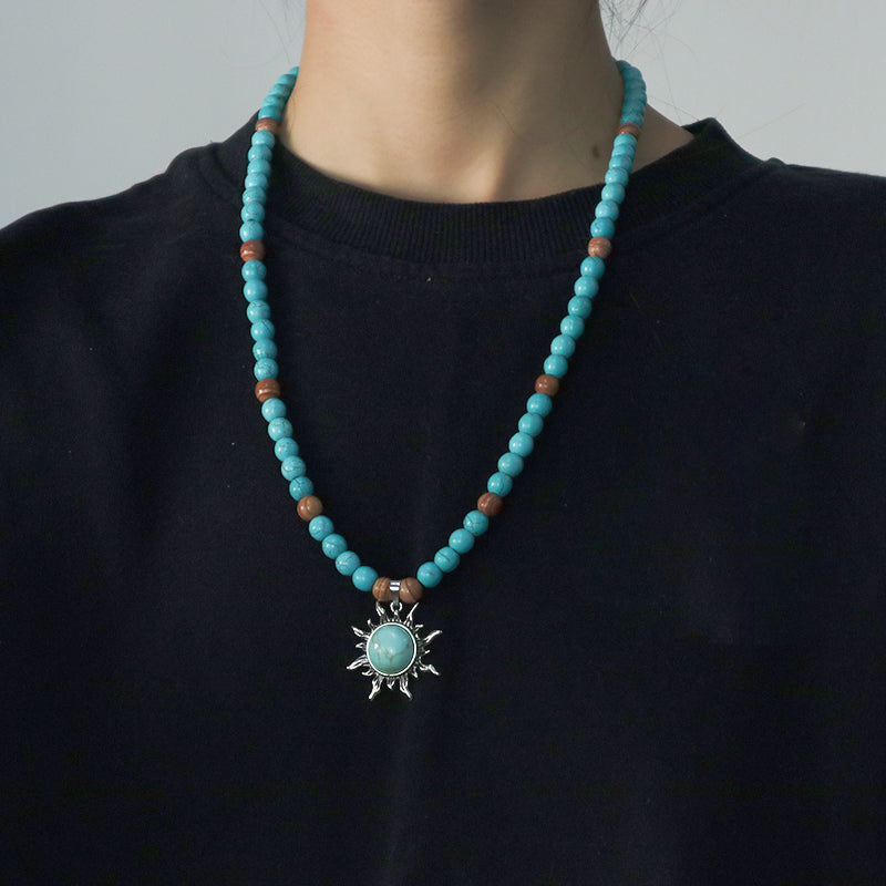 China Factory Custom OEM Handmade Wholesale Men Women Ajustable Woven Cord 8mm Natural Stone Beads Macrame Sun Pendant Necklace
