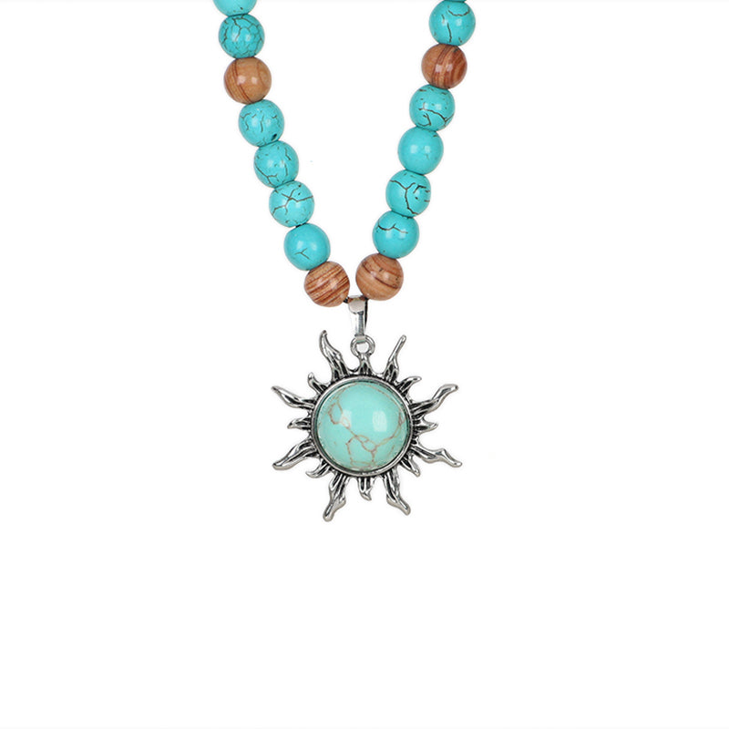 China Factory Custom OEM Handmade Wholesale Men Women Ajustable Woven Cord 8mm Natural Stone Beads Macrame Sun Pendant Necklace