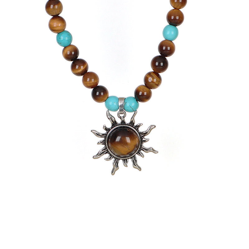 China Factory Custom OEM Handmade Wholesale Men Women Ajustable Woven Cord 8mm Natural Stone Beads Macrame Sun Pendant Necklace