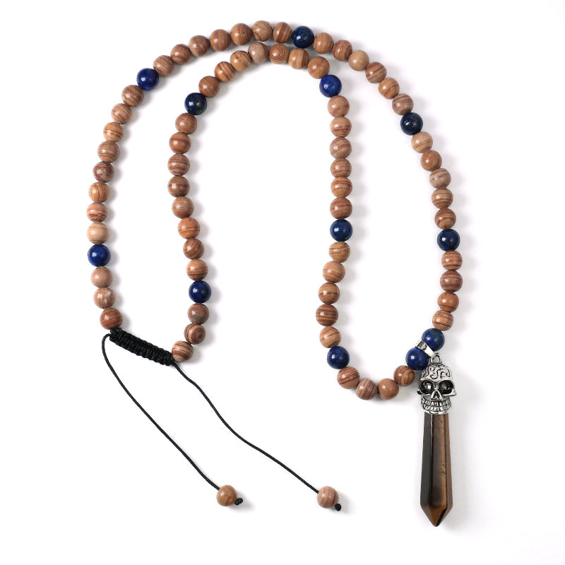Personality Wholesale OEM Handmade Custom Ajustable Men Women Skull Pendant 8mm Natural Stone Beads Woven Cord Macrame Necklace