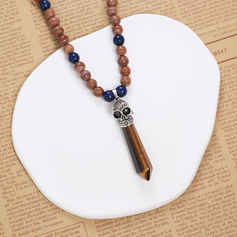 Personality Wholesale OEM Handmade Custom Ajustable Men Women Skull Pendant 8mm Natural Stone Beads Woven Cord Macrame Necklace