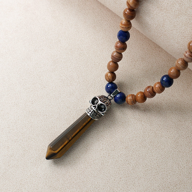 Personality Wholesale OEM Handmade Custom Ajustable Men Women Skull Pendant 8mm Natural Stone Beads Woven Cord Macrame Necklace