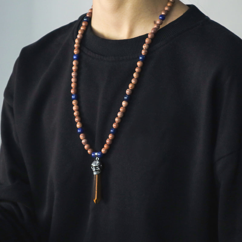 Personality Wholesale OEM Handmade Custom Ajustable Men Women Skull Pendant 8mm Natural Stone Beads Woven Cord Macrame Necklace