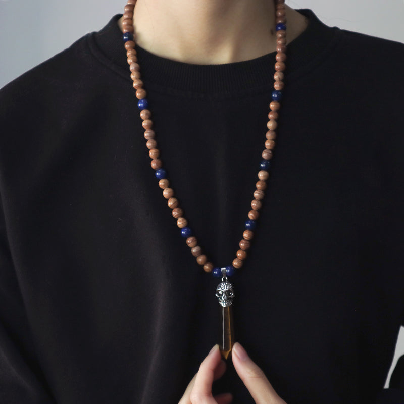 Personality Wholesale OEM Handmade Custom Ajustable Men Women Skull Pendant 8mm Natural Stone Beads Woven Cord Macrame Necklace