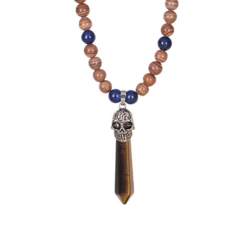 Personality Wholesale OEM Handmade Custom Ajustable Men Women Skull Pendant 8mm Natural Stone Beads Woven Cord Macrame Necklace