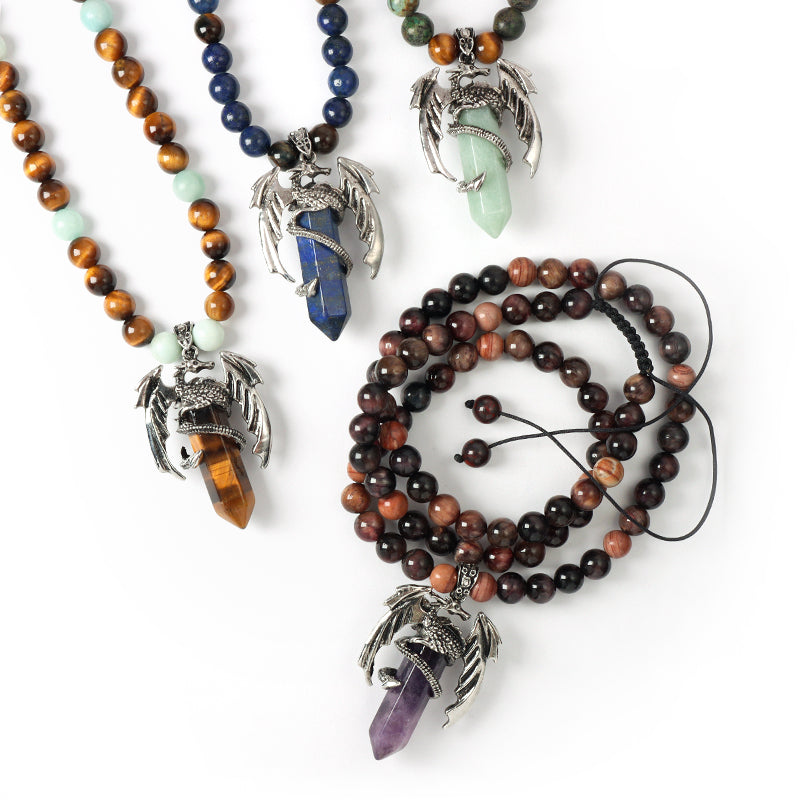 Wholesale OEM Handmade Woven Cord Custom 8mm Natural Stone Beads Ajustable Macrame Hexagon Dragon Pendant Necklace For Men Women