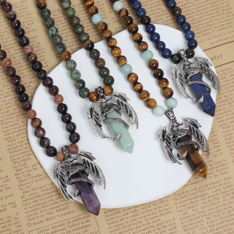 Wholesale OEM Handmade Woven Cord Custom 8mm Natural Stone Beads Ajustable Macrame Hexagon Dragon Pendant Necklace For Men Women
