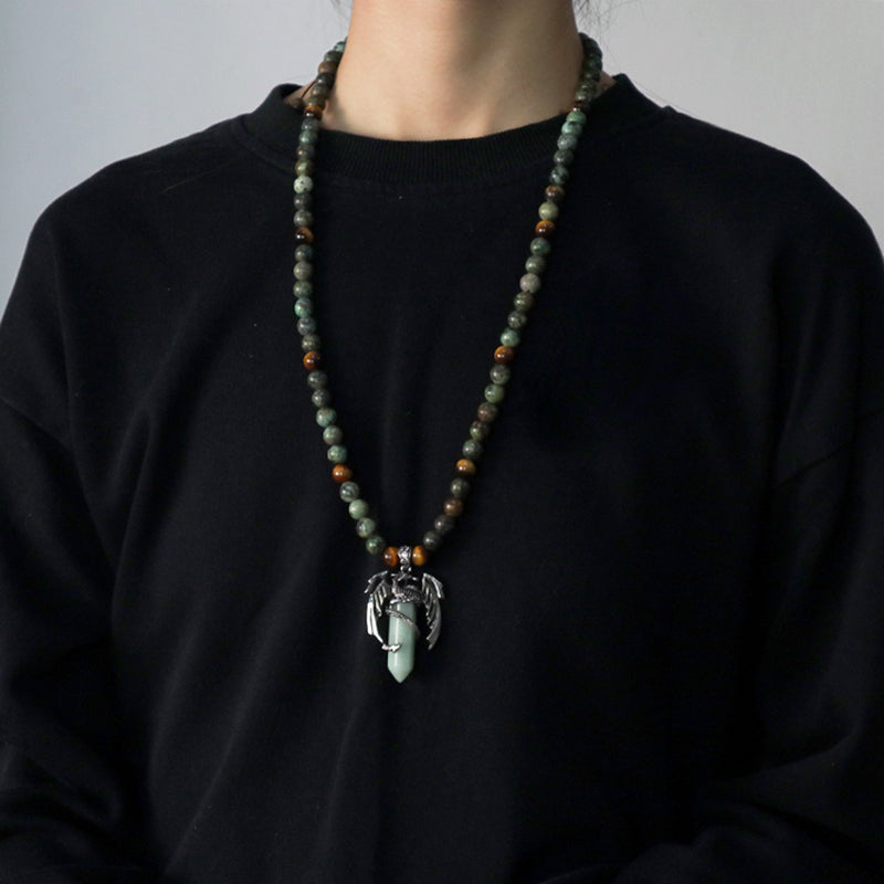 Wholesale OEM Handmade Woven Cord Custom 8mm Natural Stone Beads Ajustable Macrame Hexagon Dragon Pendant Necklace For Men Women