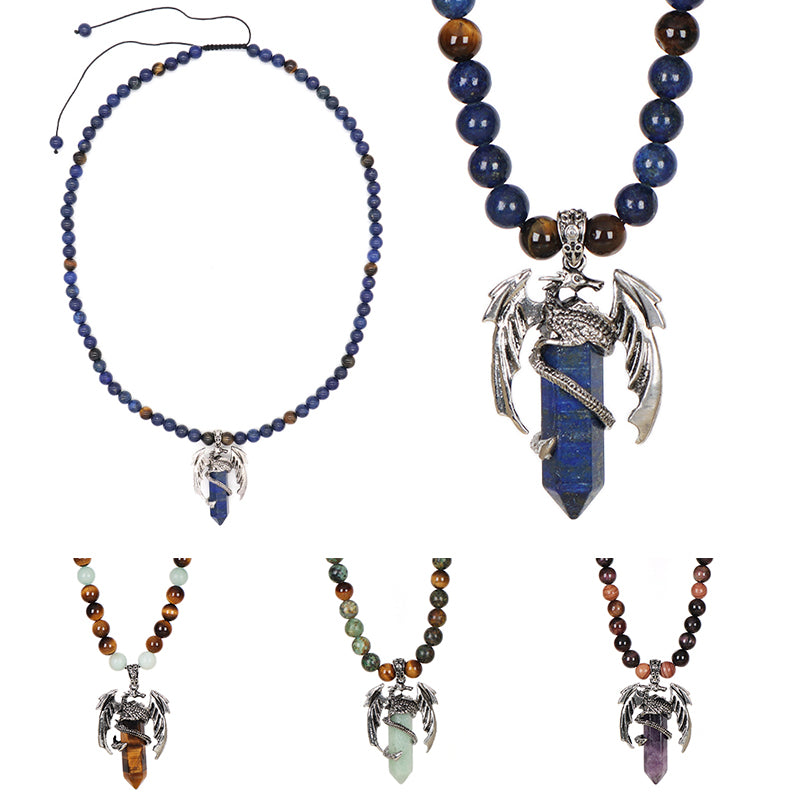 Wholesale OEM Handmade Woven Cord Custom 8mm Natural Stone Beads Ajustable Macrame Hexagon Dragon Pendant Necklace For Men Women