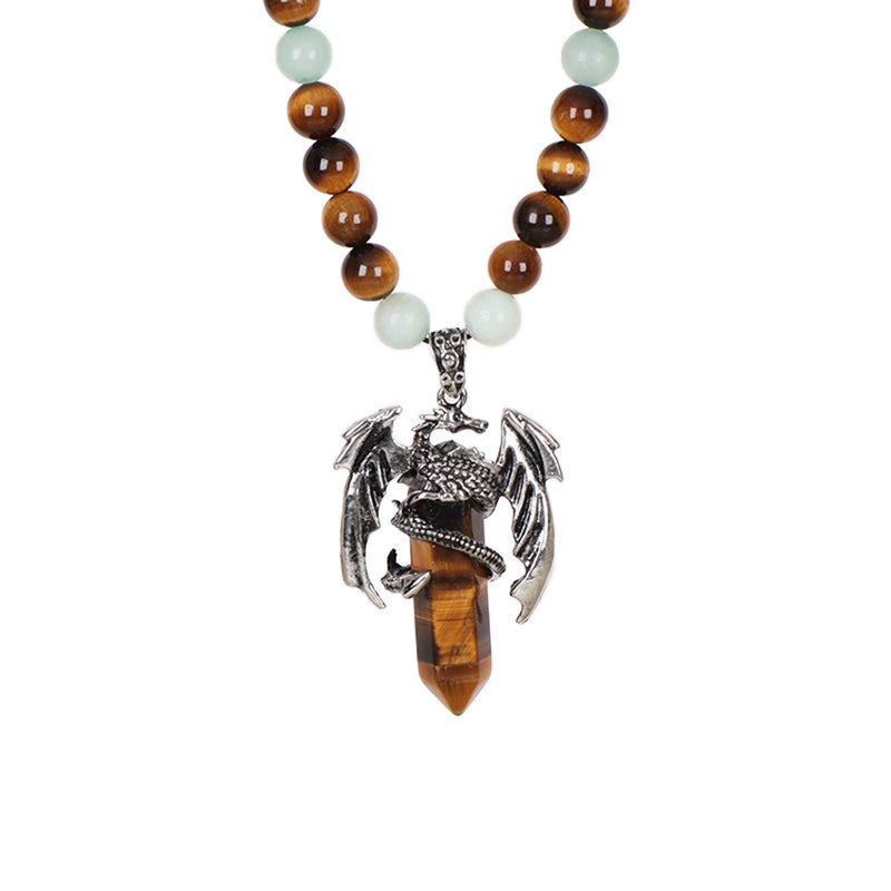 Wholesale OEM Handmade Woven Cord Custom 8mm Natural Stone Beads Ajustable Macrame Hexagon Dragon Pendant Necklace For Men Women