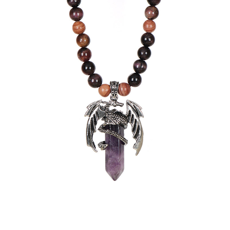 Wholesale OEM Handmade Woven Cord Custom 8mm Natural Stone Beads Ajustable Macrame Hexagon Dragon Pendant Necklace For Men Women