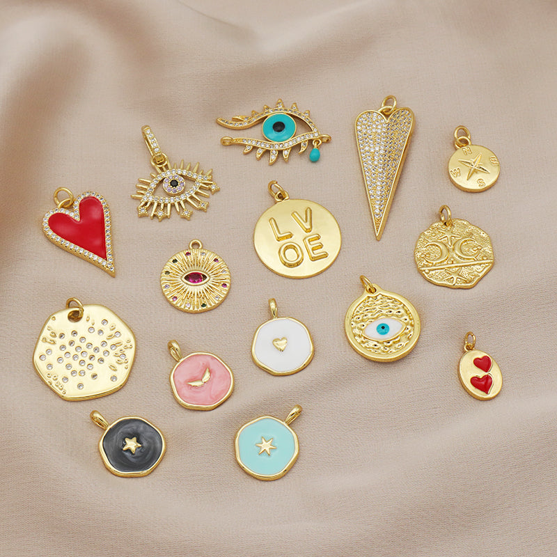 Wholesale New fashion jewelry enamel crystal heart eye pendant 18K gold plated pink green heart evil eyes charms pendant